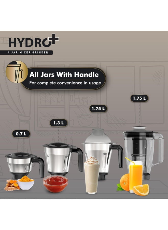 هافلز Havells Hydro Plus 1000 Watt Mixer Grinder 4 Jar Mixer Grinder |1.75L Break-Resistant Blending Jar | 304 SS Rust-Resistant Blades | 22000 RPM High-Speed Motor | 5-Year Motor Warranty (Black) - Image 3